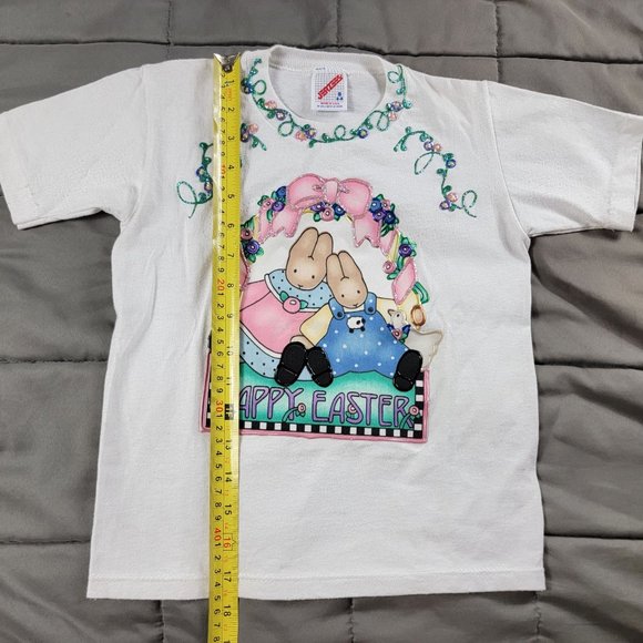 Vintage Jerzees Kids Small White T Shirt Happy Easter Bunny Short Sleeve Cute - Picture 8 of 9